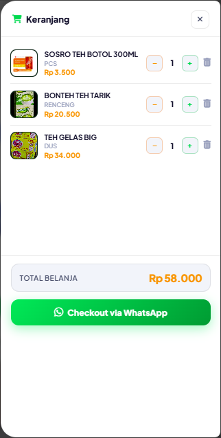 Shopping cart listing three products with quantity controls, a running total, and a Checkout via WhatsApp button.