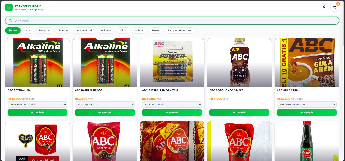 Makmur Grosir storefront with a searchable product grid, category filters, and per-product unit selectors.