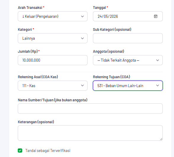 Transaction entry form with transaction direction, category, amount, and source and destination Chart of Accounts selectors.